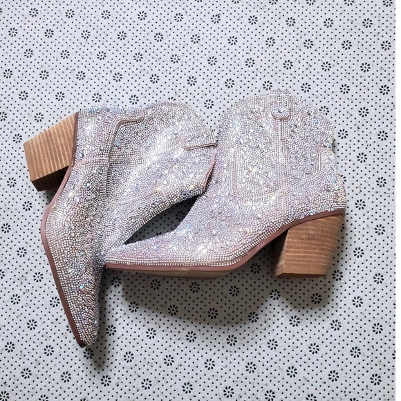 Rhinestone Studded Western Cowgirl Ankle Boots Sparkly Bling Wide Width Size 8w - Picture 1 of 7